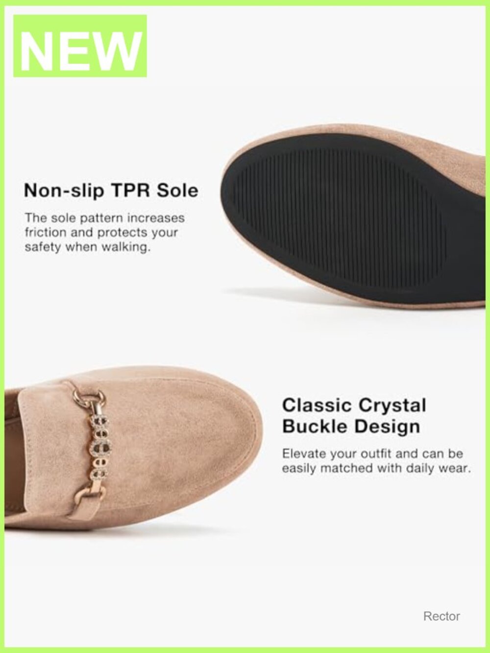 Faux Suede Mules with Crystal Buckle - Lightweight Slip On Flats for Office - Picture 5 of 7